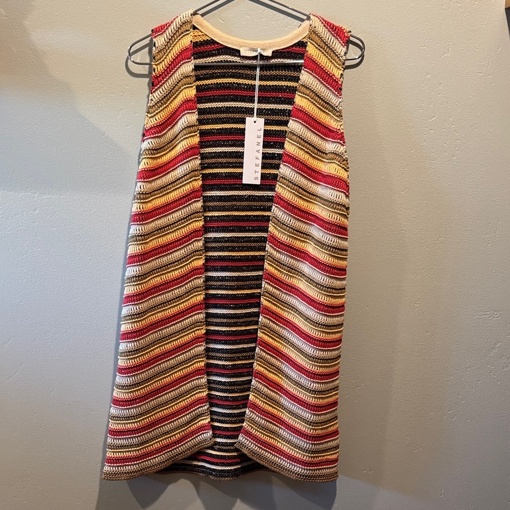 New NWT Stefanel Striped Crochet Sleeveless Oversized Open Front Cardigan